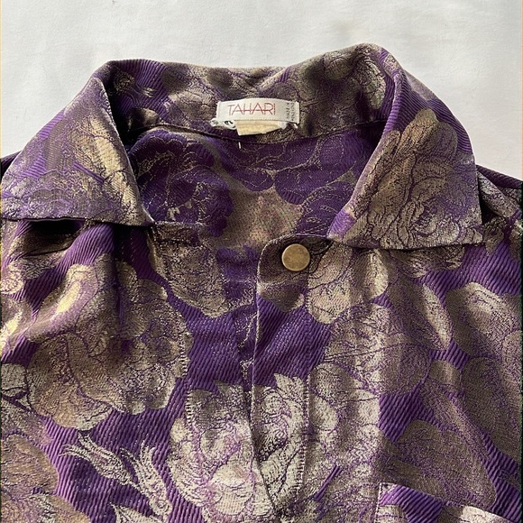 Vintage 90s Tahari Silk Blend Purple Blouse with Gold Flowers - Picture 2 of 9